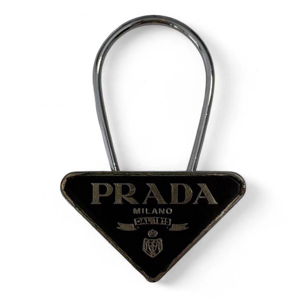 Prada Triangle Logo Key Ring Bag Charm Brown Silver Tone Milano
